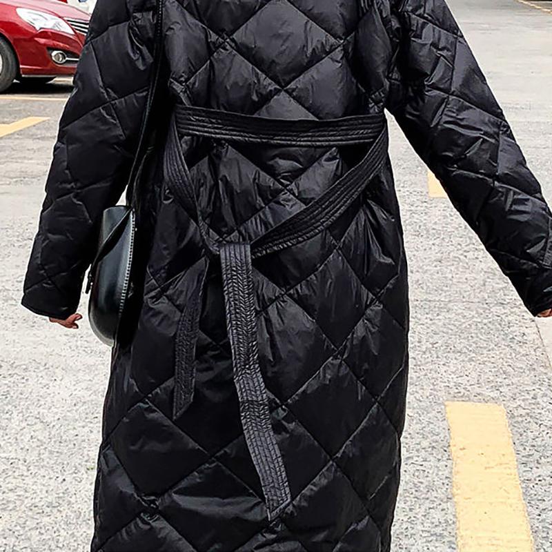 Casual Loose Argyle Hooded Parkas Women Fashion Solid Thick Long Coats Women Elegant Tie Belt Cotton Jackets Female Ladies