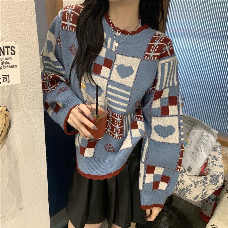 Autumn Winter  Women Fashion Sweater Casual Knitting Sweater Retro Round Neck Pullovers Loose Casual Long Sleeve Sweater