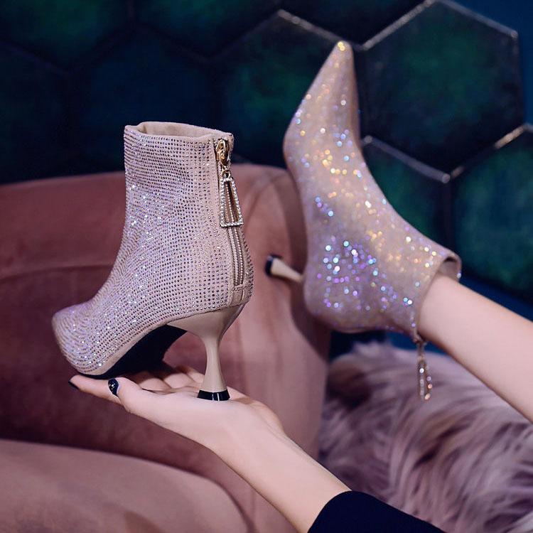 Women's Fall and Winter Party Single Boots Female Large Size Solid Color Rhinestone High-heeled Shoes