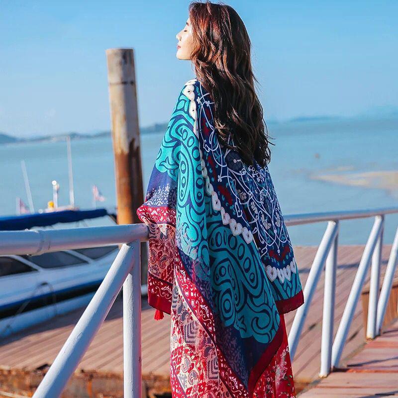 Cotton and Linen Scarf Female Ethnic Style Bohemia Oversized Sunscreen Holiday Beach Silk Scarf Fringed Seaside Shawl Female Summer