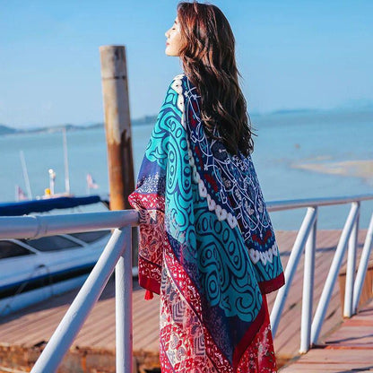 Cotton and Linen Scarf Female Ethnic Style Bohemia Oversized Sunscreen Holiday Beach Silk Scarf Fringed Seaside Shawl Female Summer