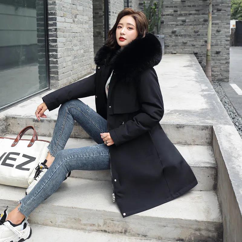 Winter Women's Cotton-padded Jacket Mid-length Large Size Fur Collar Plus Fleece Down Padded Jacket Padded Coat