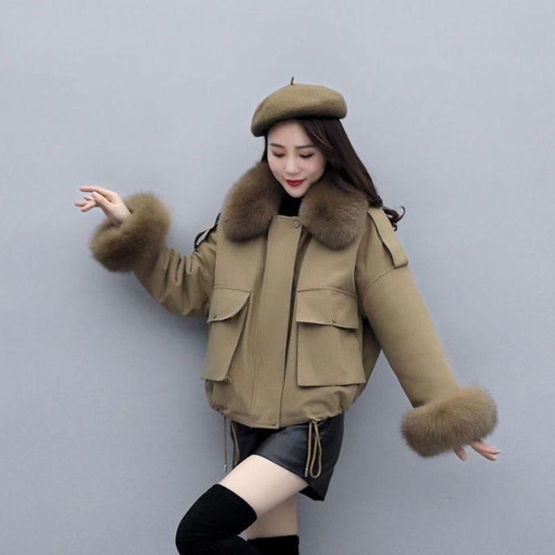 Parkas Thick Fleece Jacket Women's Korean Winter Cotton Coat Short Coat with Big Fur Collar