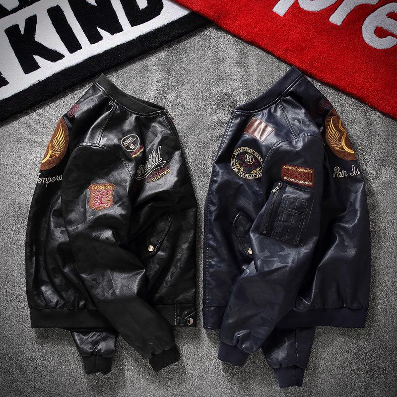 Pilot jacket spring and autumn men's leather short embroidered PU leather jacket men