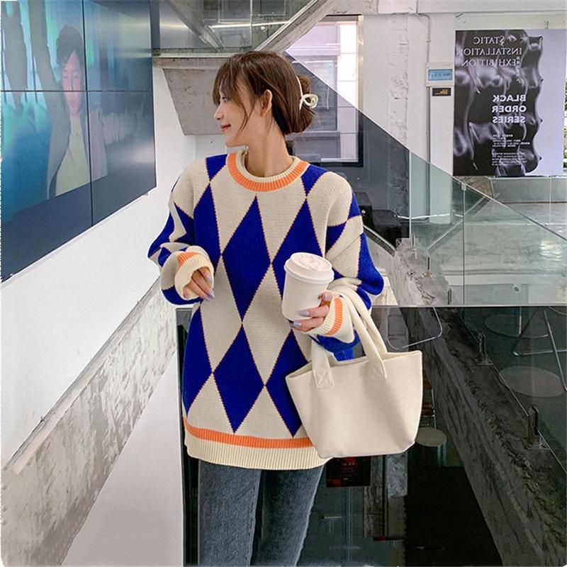 Women Retro Loose Sweater Color Block Diamond Check Pullover Sweater Round Neck Knit Jumpers Top Outwear