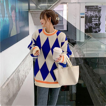 Women Retro Loose Sweater Color Block Diamond Check Pullover Sweater Round Neck Knit Jumpers Top Outwear