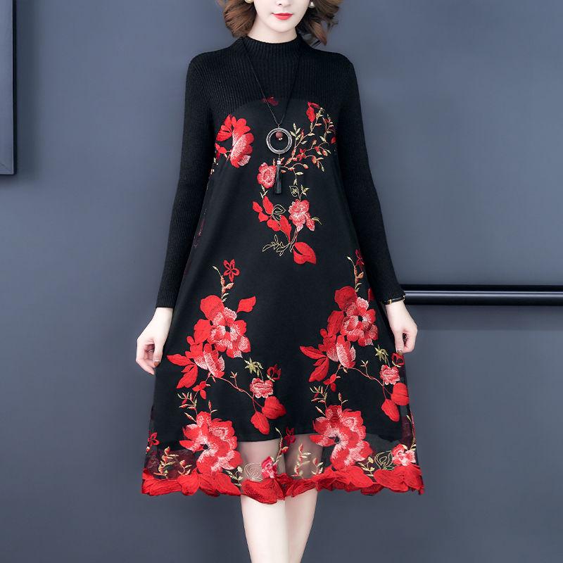 Women's Stitching Mesh Embroidery Sweater Dress Women's Large Size Loose Long A-line Knitted Dress High-end Pullover Sweater Outwear Autumn Winter