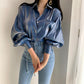 Women Lapel Long Sleeve Elegant Retro Solid Color Satin Korea Blouse