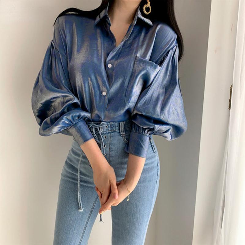 Women Lapel Long Sleeve Elegant Retro Solid Color Satin Korea Blouse