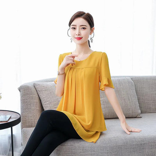 Women's Summer Chiffon Short Sleeve Large Size Round Neck Solid Color Loose T-Shirt