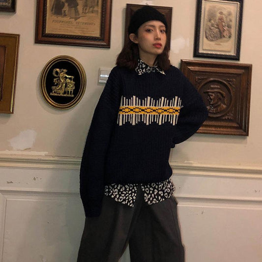 Autumn Winter  Women Fashion Sweater Casual Knitting Sweater Color Matching Round Neck Pullovers Loose Casual Long Sleeve Sweater