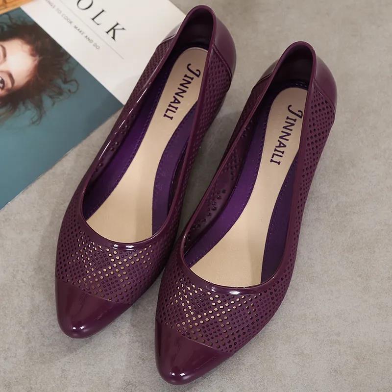 Women's Spring Summer Large Size Low Heel PVC Single Shoes Ladies Solid Color Hollow Breathable Casual Slip-on Shoes