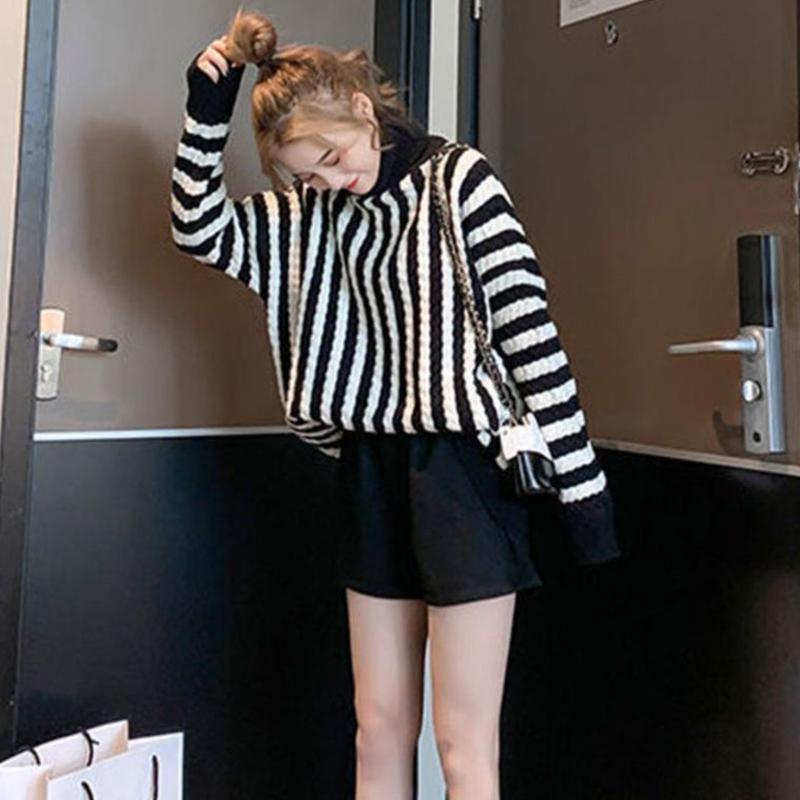 Thick High Neck Vertical Striped Sweater Women's Pullover Fall Winter Loose Casual Fashion Jacket Women