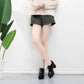 Women's 10cm High Heels Round Toe Thick-heeled Leather Shoes British Style Black Thick-soled Waterproof Platform Deep-mouth Shoes Model Shoes