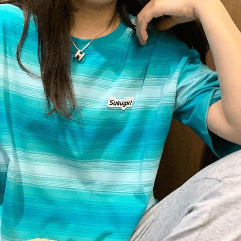 Women's Summer Loose Round Neck Striped Short Sleeve T-shirt