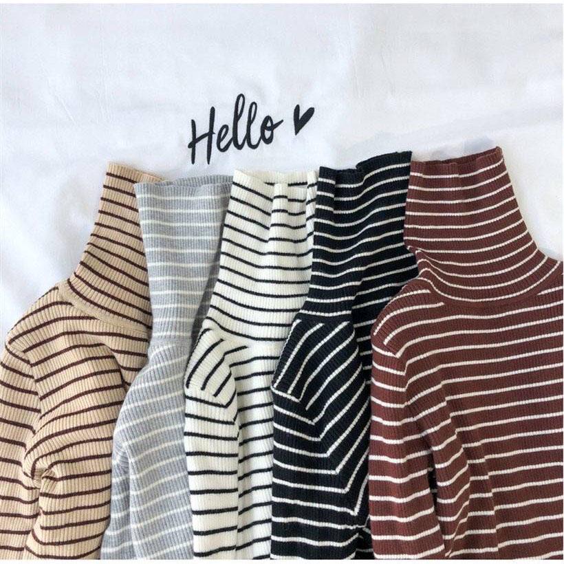 Women Sweaters Stripe Prints High Collar Long Sleeve Pullover Bottoming Shirts