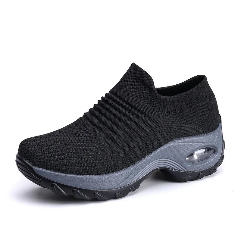 Women's Mid High-heeled Sneakers Casual Breathable Mesh Sports Shoes Running Flat Shoes Slip on Thick-soled Dance Shoes
