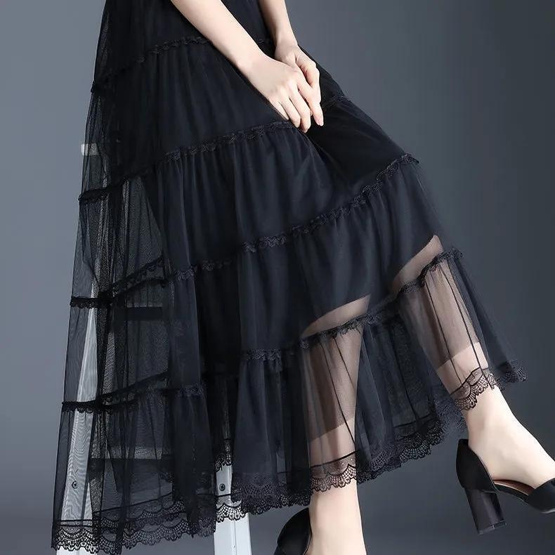 Three-layer Large Swing Mesh Skirt Women's Spring and Summer A-line Pleated Cake Skirt Lace Edge Drape Long Skirt Solid Color Gauze Skirt
