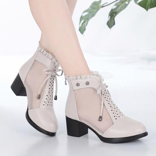 Summer Sandals Women's Mesh Mid-heel Thick with Baotou Fish Mouth Single Shoes Versatile Hollow High-heeled Ladies Cool Boots
