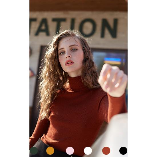 Women Slim Long Sleeve Knitwear Turtleneck Bottoming Sweater Simple Color Pullover Jumper