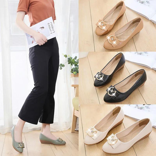 Women's Wedge Heel Spring and Autumn Round Toe All-match Comfortable Slip-on Leather Shoes