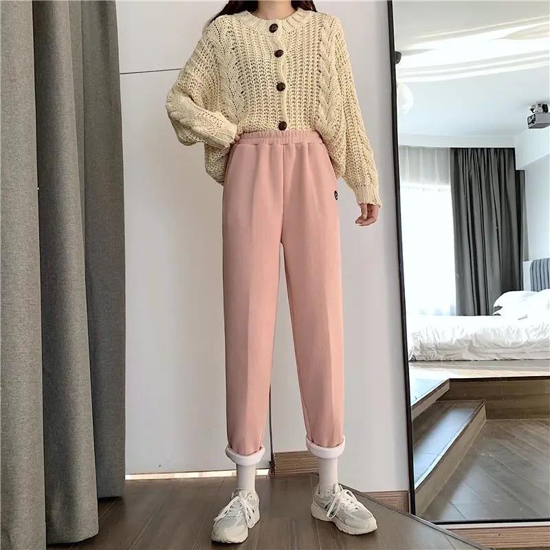 Autumn and Winter Fashion High Waist Slimming Plus Velvet Thickening Warm Radish Pants Loose Casual Straight-leg Pants Women's Trend