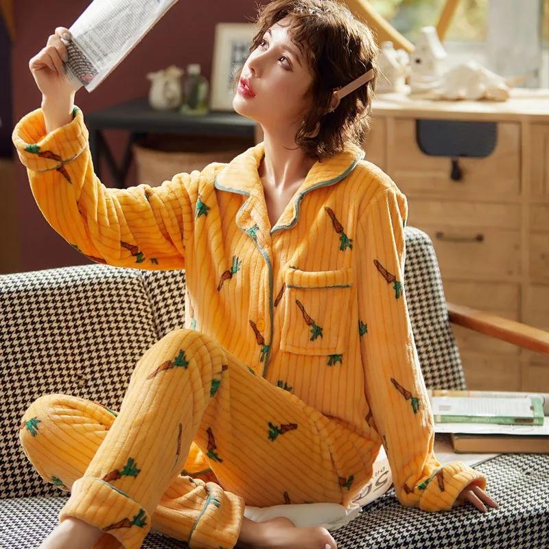 Coral Fleece Pajamas Women's Flannel Pyjamas Plus Size Velvet Thick Sleepwear Autumn Winter Warm Home Wear Suits Tops Pants Sets Long Sleeve Outwear