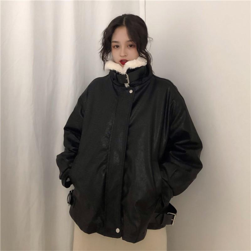 Women's Thick Loose Motorcycle Clothing Fur Collar Leather Women's Fashion Casual Thick Coat