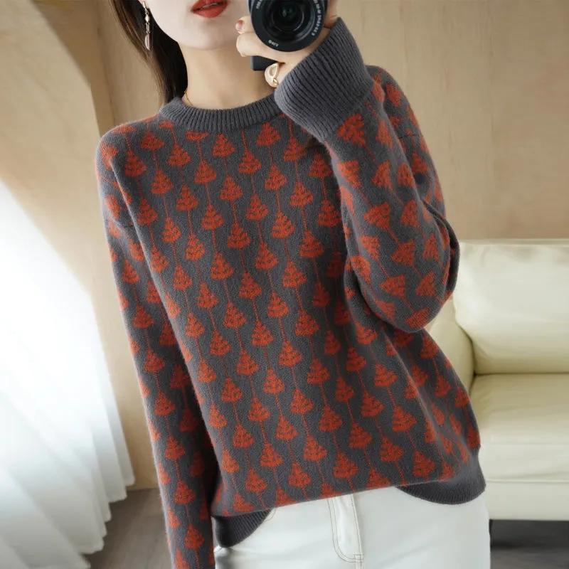 Sweater Women's Knitwear Pullover Round Neck Jacquard Korean Loose Top Trending Sweater Autumn and Winter Fluffy Top