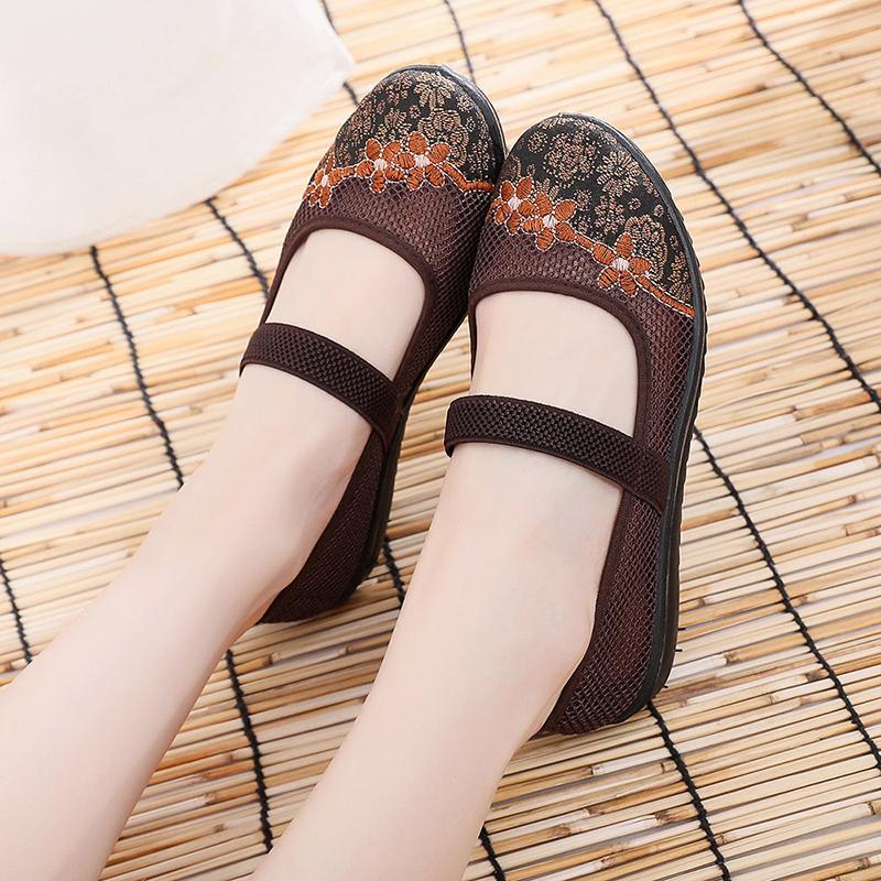Old Beijing Cloth Shoes Women's Single Shoes Summer Mother Shoes Middle-aged and Elderly Breathable Mesh Shoes Flat Hollow Cloth Shoes