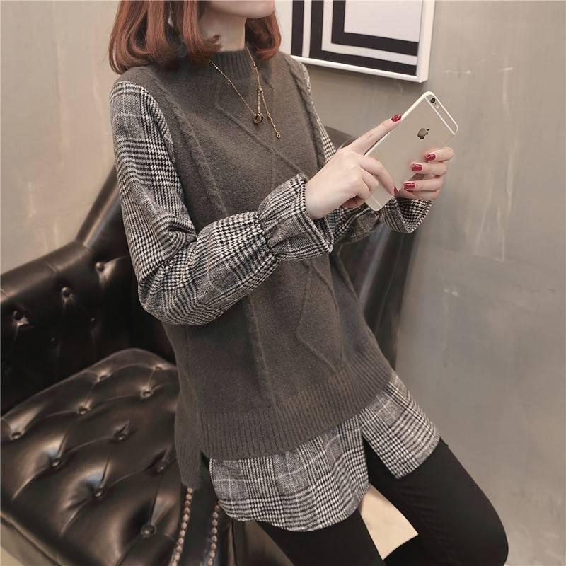 Spring and Autumn Stitching Flared Sleeve Top Loose Plaid Pullover Sweater Fashion Casual Sweater Women