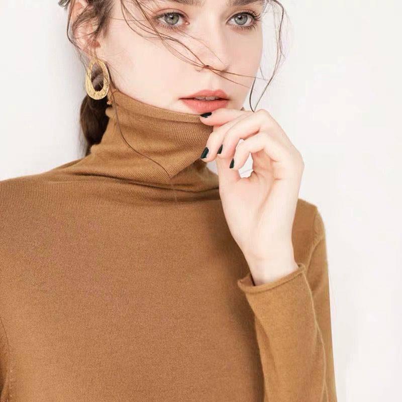 Pofulove Women Turtleneck Pullover Sweater warm loose soft Jumper Winter lady Knitted sweater pink