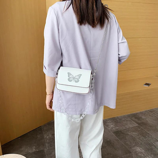 Butterfly Print Chain Shoulder Bags Casual Female Crossbody Bags Portable PU Leather Multi-Layer Transparent Chain Handbag
