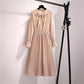 Female Simple Elegant Base Casual Dress Slim Bow V-neck Pleated Vintage High Waist Holiday Dress