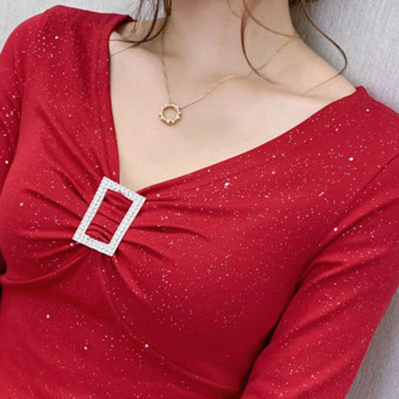 Women's Spring and Autumn Solid Color Long Sleeve Bottoming Shirt V-Neck Slim Top