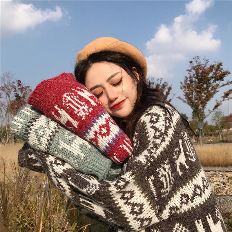 Pofulove Christmas red sweater women retro lazy loose retro net red mid-length pullover thickened