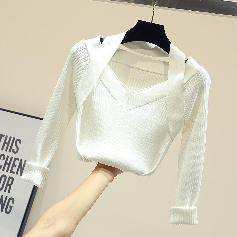 Autumn Slim V-neck Pullover Sweater Feminine Halter Neck Off-shoulder Knit Sweater Top Stretch Knitwear jumper