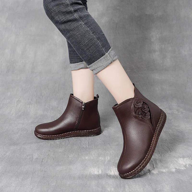 Plus Velvet Padded Cotton Shoes Short Boots Retro Anti-slip Tendon Bottom Real Soft Leather Boots Women