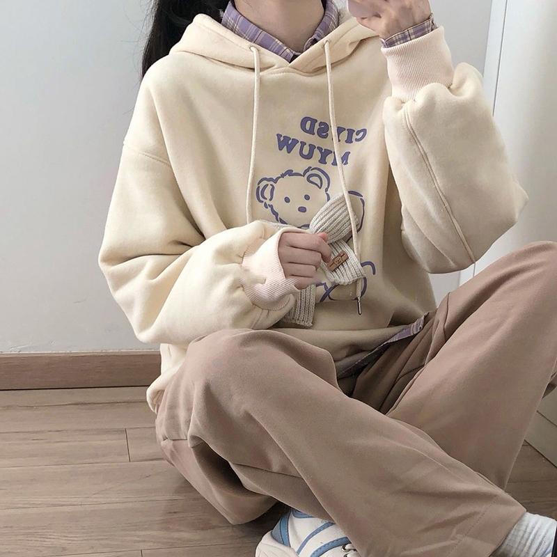 Winter Hoodies Women Hooded Tops Thick Fleece Pullovers White Fashion Bear Printed Fall Women Oversized Loose Knitted Bow Harajuku Sweatshirts