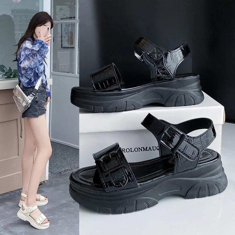 Sandals Women's Summer All-match Flat Shoes Non-slip Thick-soled Ladies Roman Shoes Black Glossy Simple Sports Casual Sandals