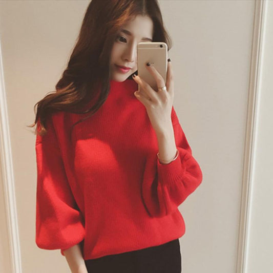Short Lantern Sleeve Autumn/Winter Blouse Loose Pullover Long Sleeve Sweater Half Turtleneck Knitwear Women