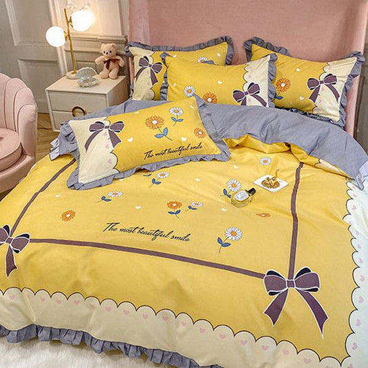 Naked Sleeping Sanded Four-piece Super Soft Korean Style Washed Cotton Bed Linen Quilt Cover Bedding