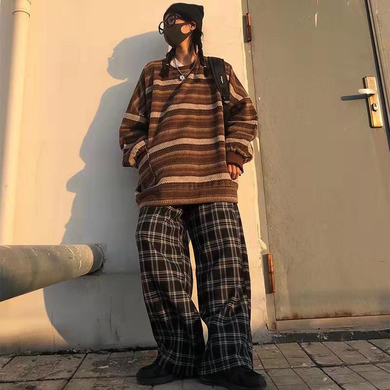 Unisex Women Striped Knit Sweater Spring Autumn Retro Hip Hop Pullovers Tops Female Oversize Ulzzang BF Couples Japanese