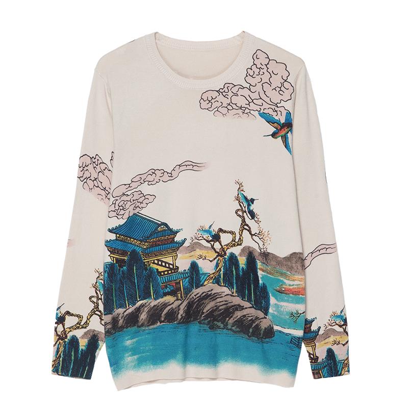 Autumn Winter 3D Printed Woolen Sweater Vintage Knit Bottoming Sweater Warm Plus Size Wool Blend Jumper Tops