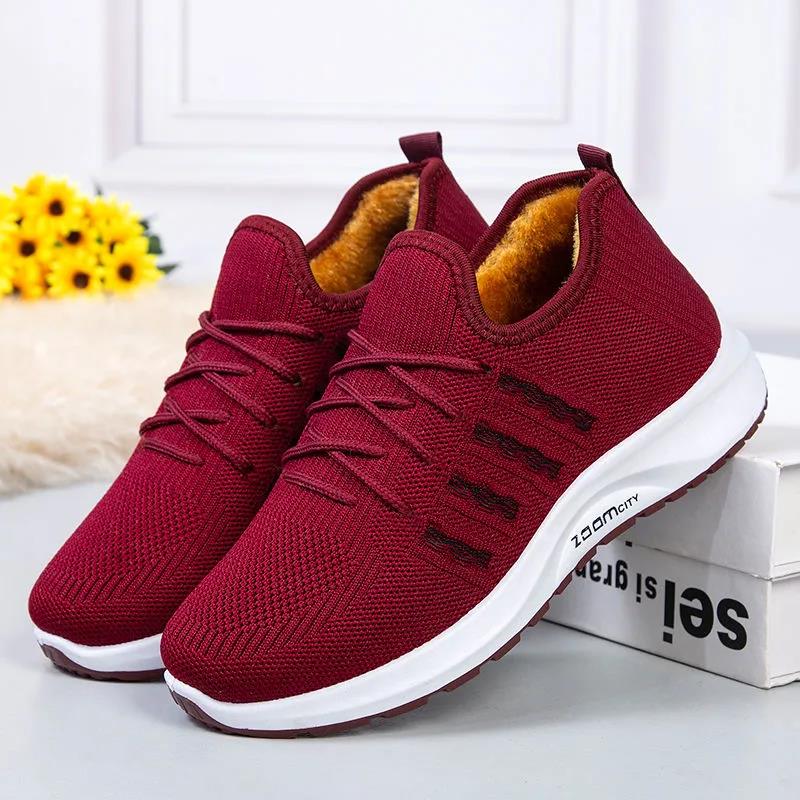 Winter Women's Cotton Padded Shoes Plush Flat Bottom Sports Shoes Large Size Solid Color Warm Non Slip Mother's Shoes