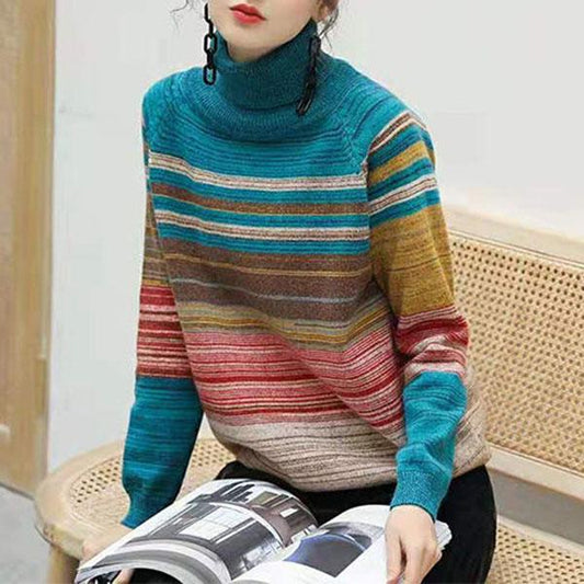 Vintage Loose Large Size Colorful  Striped Turtleneck Sweater Women Fashion Bottoming Sweater