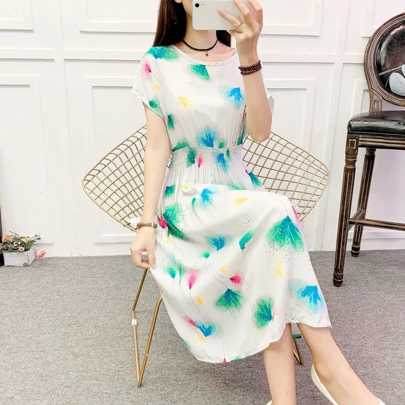 Summer Long Dress Casual Comfort Cotton Dress Floral Print Short Sleeve Dress Plus Size