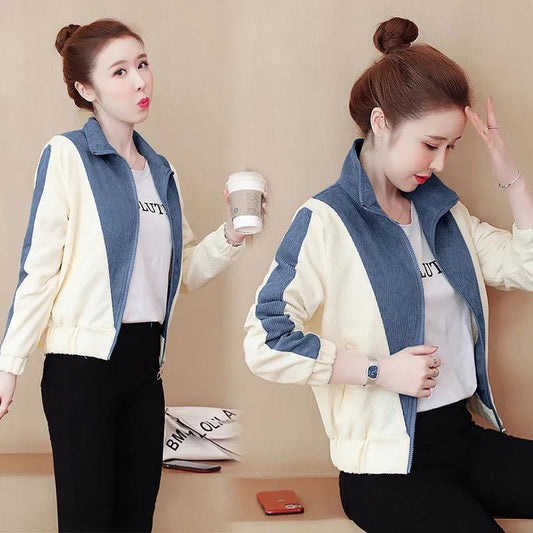 Women's Short Jacket All-match Corduroy Stitching Contrast Color Autumn Jacket Jacket Women's Baseball Uniform