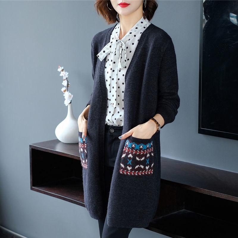 Spring and Autumn Mid-length Knitted Sweater Cardigan Loose All-match Jacket Simple Embroidered Female Jacket