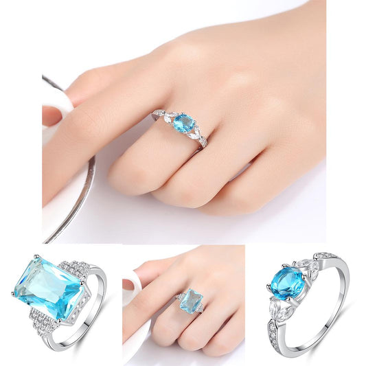 Amazon Fashion Creative Engagement Ring Aquamarine Topaz Ring Manufacturer Wholesale Four-Claw Aquamarine Zircon Ring